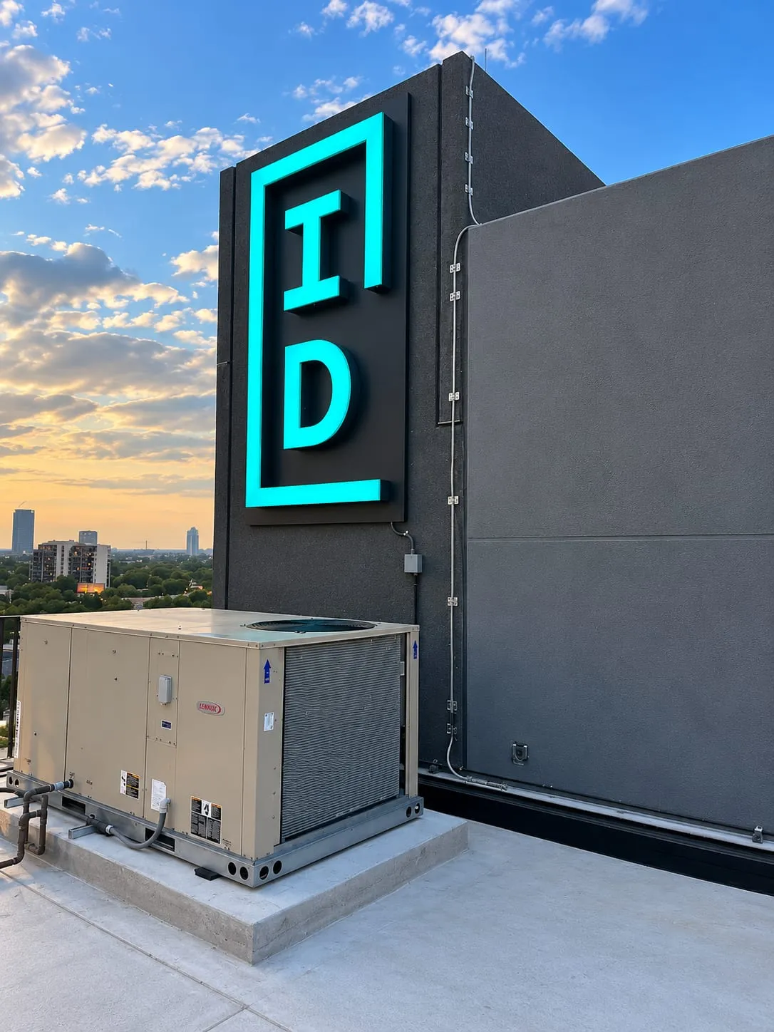 ID_Golden Hour Rooftop HVAC and Cyan Sign