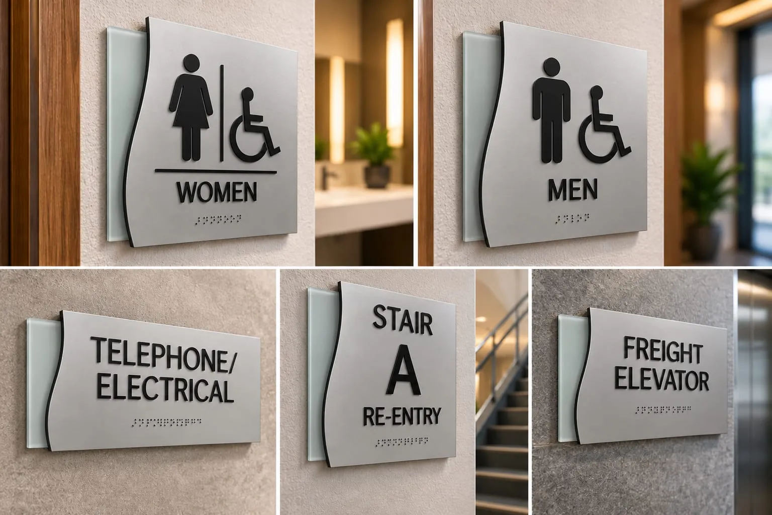 Silver ADA Restroom and Directional Signage Collage