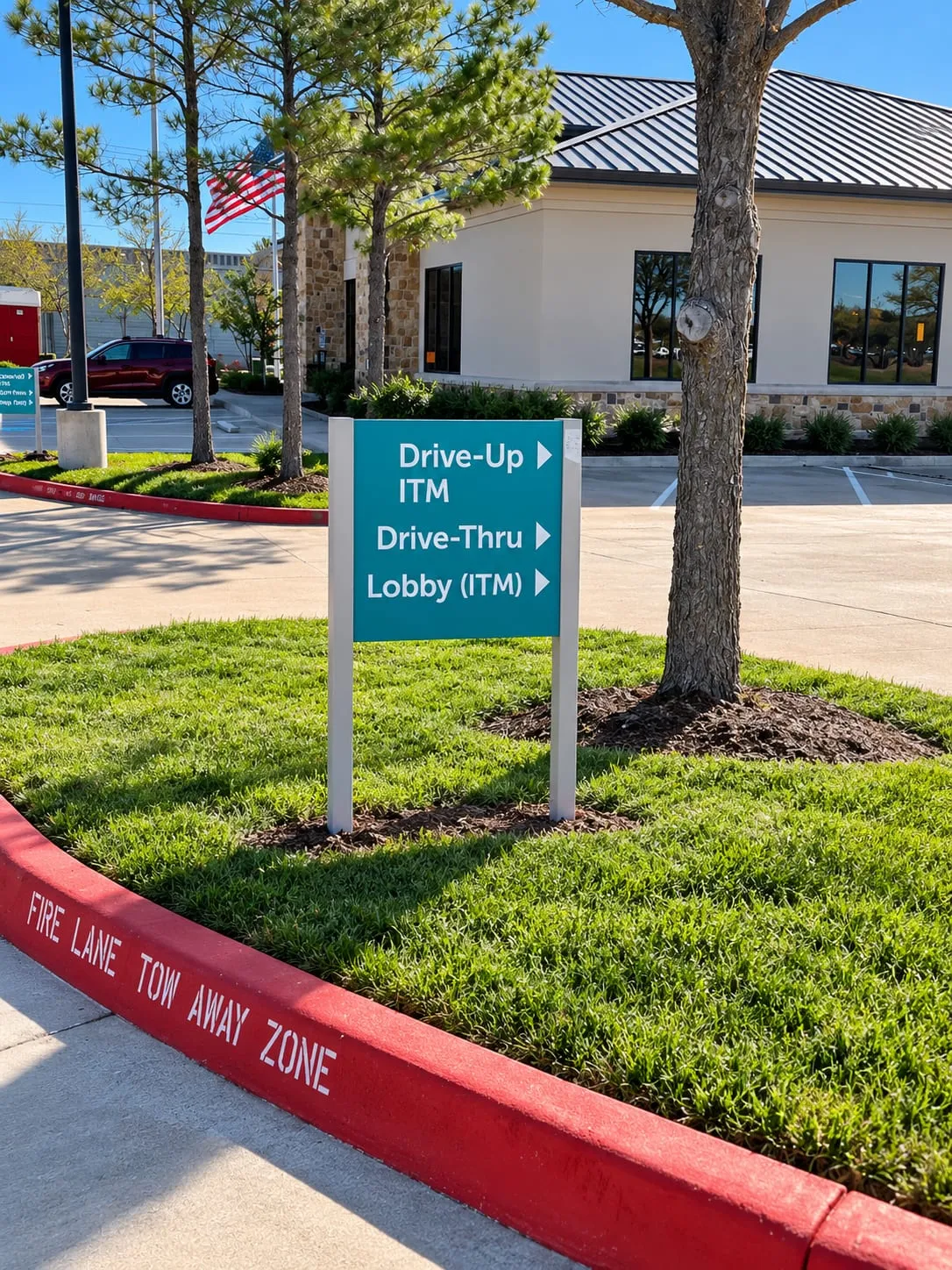 Teal Bank Wayfinding Sign in Sunlit Landscape