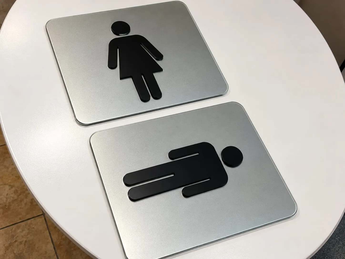 Modern Brushed-Metal Restroom Signs